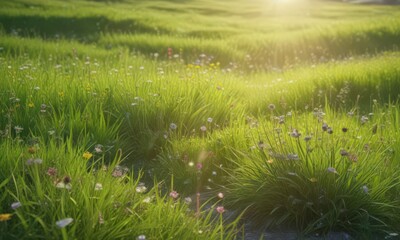 Vibrant green grass, wildflowers in bloom, sunlit meadow,  field,  petal