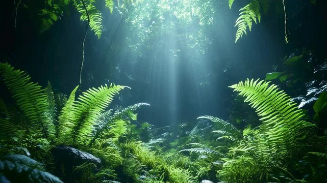 Sunbeams Illuminating Lush Fern Grotto - Mystical Rainforest Interior