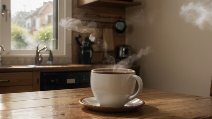 Obraz premium Steam rises from a steaming cup of coffee on a wooden table.