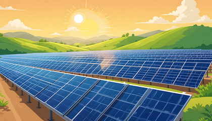A vector illustration of a solar farm with rows of solar panels in a sunny landscape. Flat design style with green hills and a bright sun in the sky.