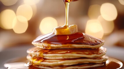 slow-motion pour of maple syrup over pancake stack with golden flow