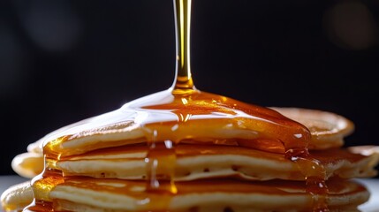 slow-motion pour of maple syrup over pancake stack with golden flow