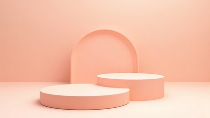 Two round podiums with peach background and archway for product display