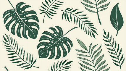 A vector seamless pattern featuring various green leaves and botanical elements. Flat design style with multiple types of tropical and garden leaves (monstera, palm, etc.)