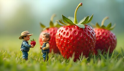 Mini men next to strawberries. They are discussing crop cultivation. Miniature farmers on the green grass, microcosm.
