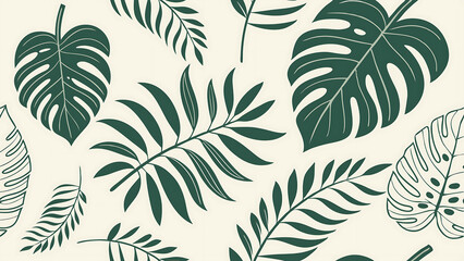 A vector seamless pattern featuring various green leaves and botanical elements. Flat design style with multiple types of tropical and garden leaves (monstera, palm, etc.)