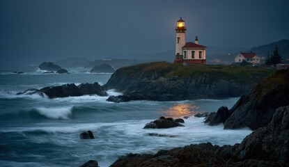 Lighthouse on rocky coast at dusk