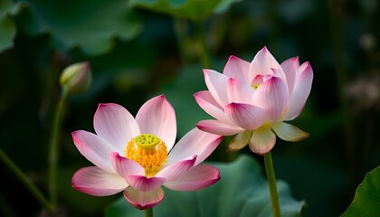 Photo of a lotus flower on a green background with an empty space. for the text. The flower on the right