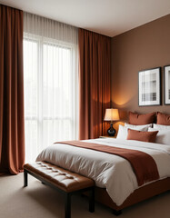 A beautifully styled bedroom features warm-toned walls and flowing curtains. Plush bedding and artistic wall frames enhance the inviting ambiance, perfect for relaxation Generative AI