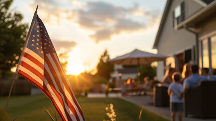 American flag on a patio full of guests enjoying a Memorial Day barbecue, children playing in the background. American family and friends celebrating the 4th of July, Independence Day. Copy space.
