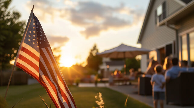 American flag on a patio full of guests enjoying a Memorial Day barbecue, children playing in the background. American family and friends celebrating the 4th of July, Independence Day. Copy space.
