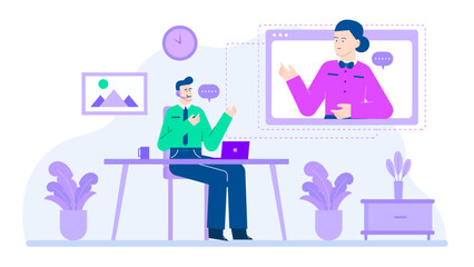 Man video calling woman discussing business, technology, virtual meeting, remote work, online communication, teamwork, and social connection concepts.