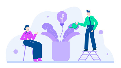 Two people nurturing idea in a pot, symbolizing growth, teamwork, innovation, creativity. Suitable for business, education, and idea related concepts.