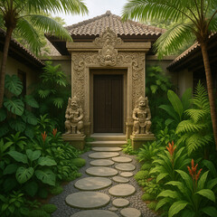 Luxury Balinese Villa Entrance with Stone Carvings and Tropical Garden Path