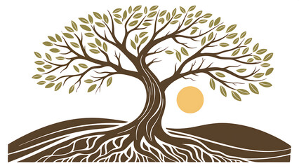A vector illustration of the Tree of Life: a stylized tree with sprawling branches above and large roots below, symbolizing growth and connection. Flat design with earthy colors (browns and greens).