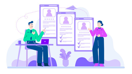 Two people discussing a profile on a computer screen, suitable for depicting digital communication, online meetings, virtual collaboration, teamwork.