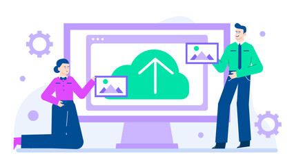 Two people upload images to a cloud server. Suitable for technology, data storage, teamwork, online collaboration, and remote work concepts.