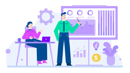 Man presenting business graphs to a woman. Suitable for presentations, reports, brainstorming sessions, business meetings. Professional, teamwork, collaboration, discussion.