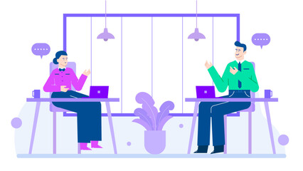 Two people in office desks working on laptops. Suitable for business, teamwork, office environment, workplace culture, and collaboration concepts.