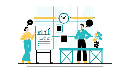 Two people presenting a graph in an office. Suitable for presentations, business meetings, teamwork, financial analyses, and corporate communication.