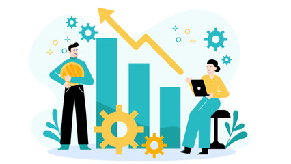 Two people analyzing bar_Chart with yellow arrow increasing, suitable for business growth presentation, financial reports, success strategies.