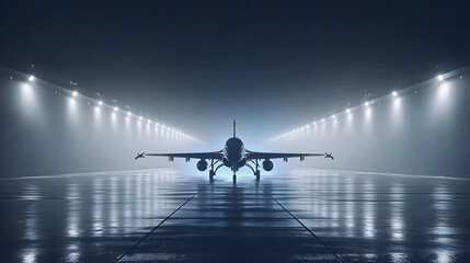 Futuristic jet on foggy runway at night, illuminated by bright lights.  A dramatic and atmospheric image perfect for aviation or technology concepts.