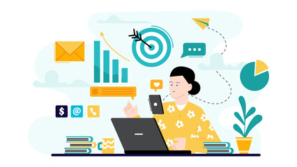 Woman multitasking with laptop and phone, perfect for business, technology, work from home, communication, office, and remote work concepts.