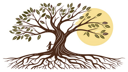 A vector illustration of the Tree of Life: a stylized tree with sprawling branches above and large roots below, symbolizing growth and connection. Flat design with earthy colors (browns and greens).