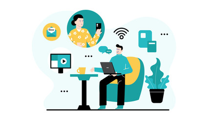 Man in_Chair on laptop video call. Suitable for technology, communication, remote work, virtual meetings, telecommuting concepts in design projects.