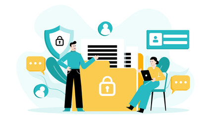 Title Two people discussing data security. Suitable for cybersecurity presentations, business articles, technology related blog posts, and data protection concepts visuals.