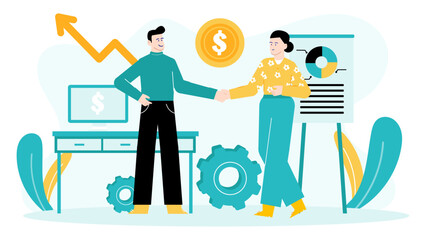 Man and woman handshake in business setting, ideal for corporate presentations, infographics, websites, and marketing materials targeting teamwork and partnership.