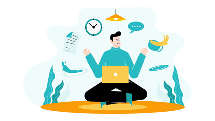 Man meditating with laptop, juggling work items. Suitable for productivity, mindfulness, remote work, multitasking concepts in business presentations.