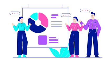 Three people discussing finances by a pie_Chart presentation board. Suitable for business meetings, financial presentations, teamwork, and corporate concepts.