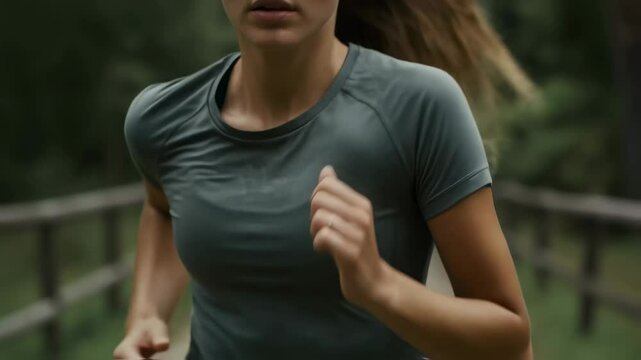 Woman runner in intense training on forest trail. Focused female athlete pushing limits. Motivational fitness video for marathon prep, endurance challenge