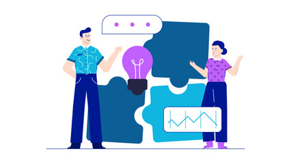 Two people discussing business strategy with a lightbulb, suitable for articles or presentations on brainstorming and teamwork in business.