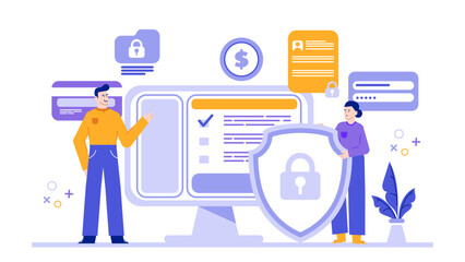 Two people securing data on a computer, suitable for illustrating cybersecurity, data protection, teamwork, technology, digital security concepts.