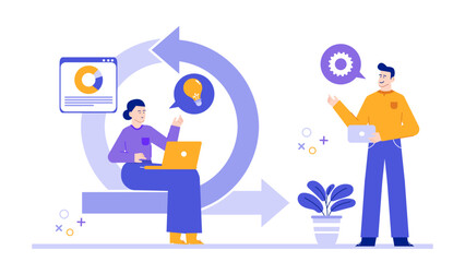 Two people discussing an idea with a laptop. Suitable for business meetings, collaboration, brainstorming, teamwork, communication, brainstorming concepts.