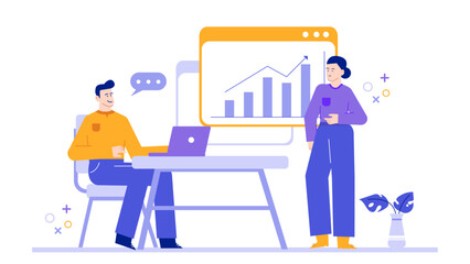 Two people discussing a graph with a laptop and plant. Perfect for business presentations, analytics reports, teamwork, and office discussions.