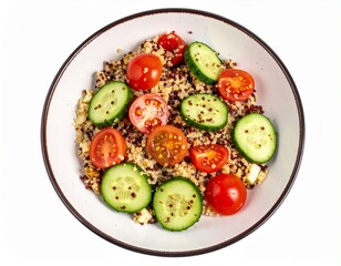 Gluten-free quinoa salad with cherry tomatoes and cucumber isolated on white background for healthy food or dietary concept