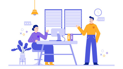 Two people in an office setting discussing business ideas, suitable for corporate presentations, team collaboration concepts, and workplace diversity campaigns.