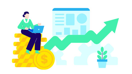 Woman sitting on coins, up arrow in background. Ideal for financial success, investment, wealth management concepts in business presentations.