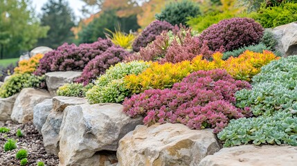 Colorful succulents planted atop a rock wall.