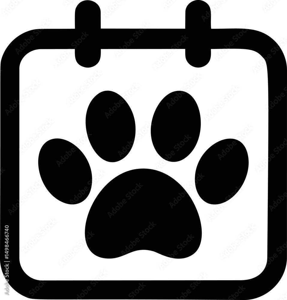 Poster black paw print symbol on a calendar icon emphasizing pet event planning. vector illustration