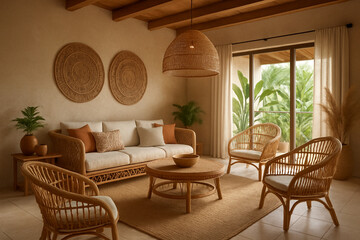Modern Balinese Living Room Interior with Rattan Furniture and Bohemian Style