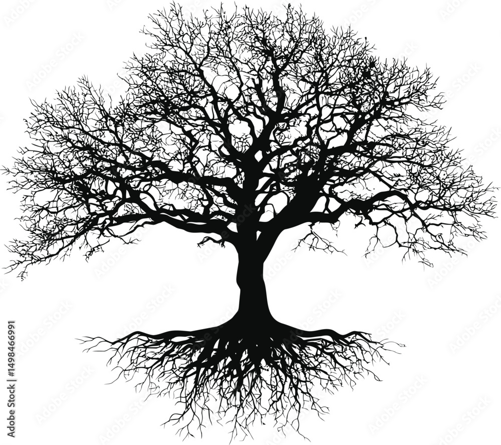 Aufkleber silhouette of a bare tree with intricate branches and roots. vector illustration