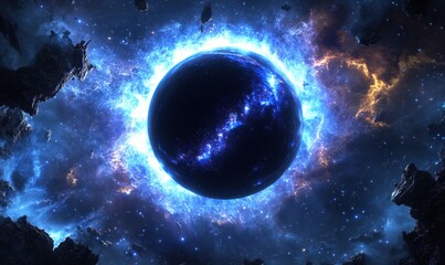 Naklejka premium Celestial body energy surge, space rocks, nebula background; sci-fi artwork