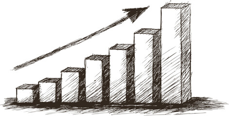 Hand-drawn upward bar chart with an arrow and sketched texture. Vector illustration