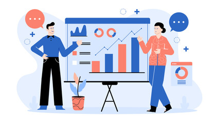 Two people analyzing data on charts and graphs. Perfect for business presentations, financial reports, strategies discussions, and teamwork concepts.