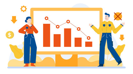 Two people analyzing a bar chart with a downward trend, ideal for illustrating financial or business decline in presentations or reports.