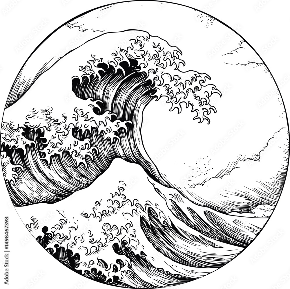 Aufkleber ink drawing of a monumental ocean wave within a circular frame, artistic masterpiece. vector illustr